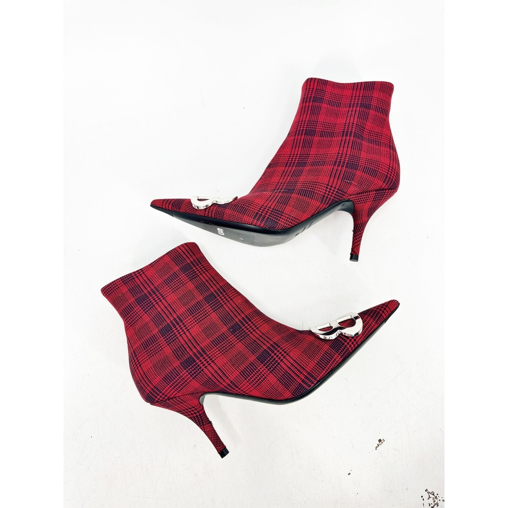 Balenciaga Knife Bootie 36 Red Plaid BB Logo Ankle Boots 548874 - Picture 2 of 10